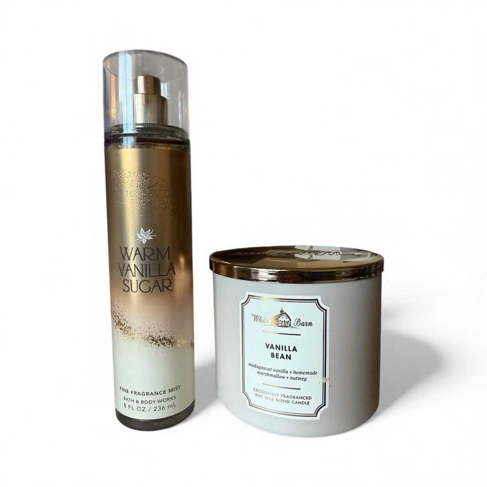 Bath & Body Works VANILLA Set 3-Wick Scented Candle +‎ Body Spray 8oz
